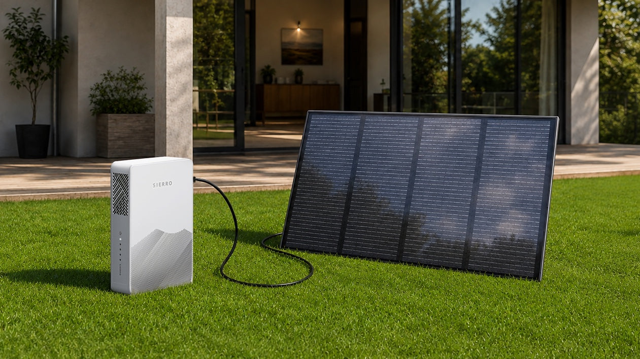 Portable solar panel charging Sierro 2000 outside a home